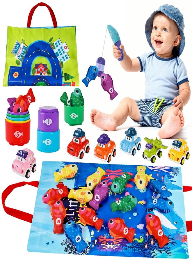 GOLDGE 2-in-1 Montessori Toys for 1 Year Old - Toddler Fishing Game with Stacking Cups & Pull-Back Cars, Soft Sensory Learning Toys for 12-18 Months, Educational Sorting & Counting Baby Toy Birthday Gifts - Image 1